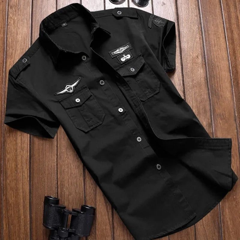 Button-Up Hemd | Kurzarm | Brusttaschen | Cargo Hemd | Herrenhemd-Schwarz-M-Chaps Herrenmode