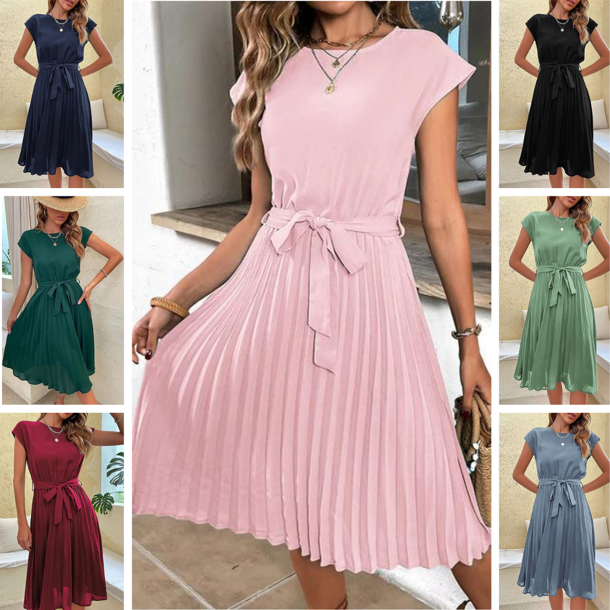 Sommerkleid Plissiert Kurzärmelig Damenkleid