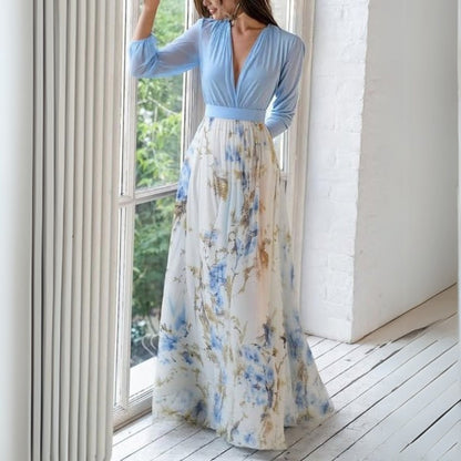 Damen Maxi Kleid Blumenmuster V-Ausschnitt Sommer
