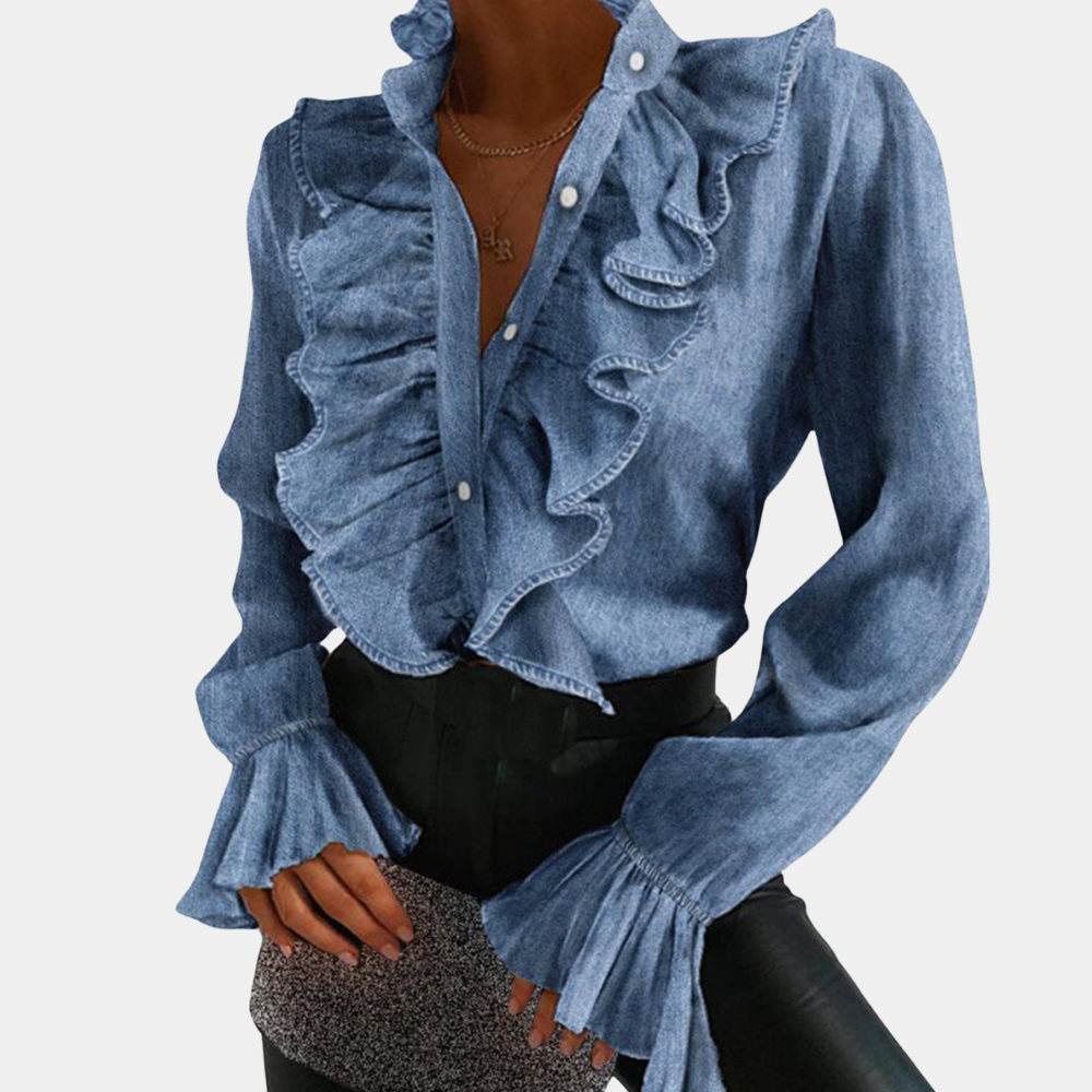 Elegante Damen Bluse mit Rüschen und Knöpfen Jeansbluse