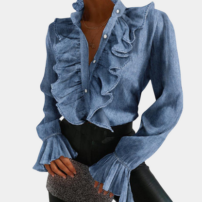 Elegante Damen Bluse mit Rüschen und Knöpfen Jeansbluse