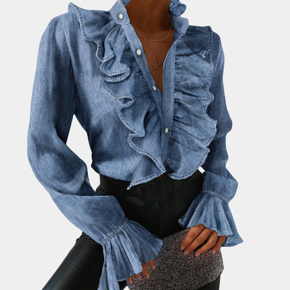 Elegante Damen Bluse mit Rüschen und Knöpfen Jeansbluse - BerlinGlamour