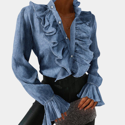 Elegante Damen Bluse mit Rüschen und Knöpfen Jeansbluse - BerlinGlamour