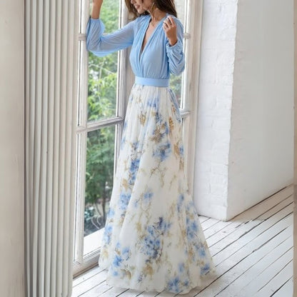 Damen Maxi Kleid Blumenmuster V-Ausschnitt Sommer