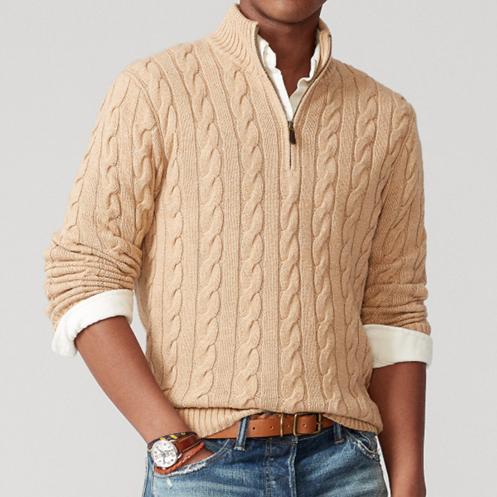 Herren Strickpullover Viertelzip mit Zopfmuster Frühjahr