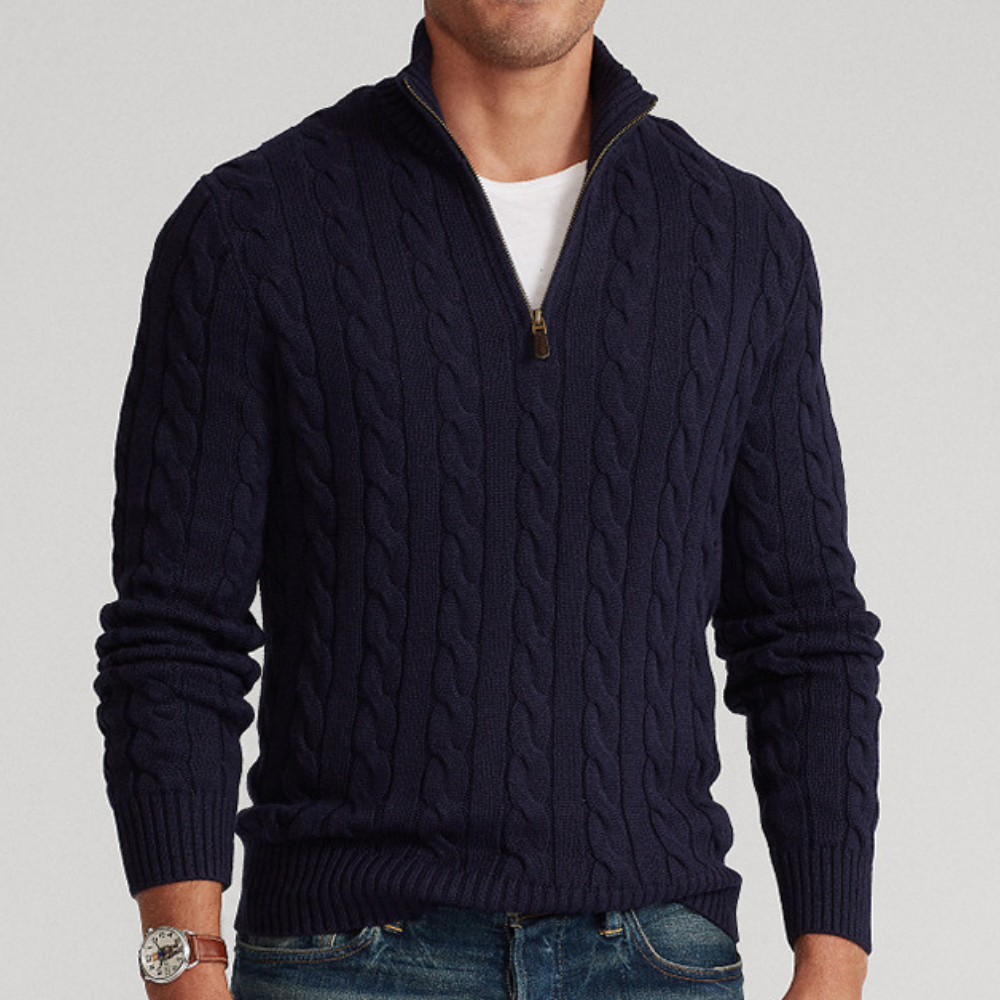 Herren Strickpullover Viertelzip mit Zopfmuster Frühjahr