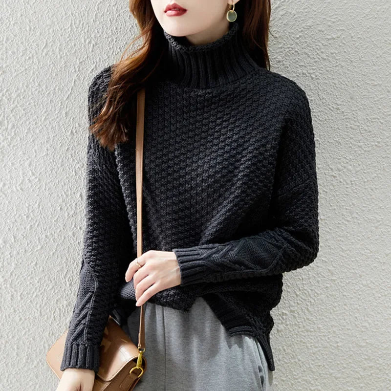 Damen Pullover Grobstrick High Neck Warm
