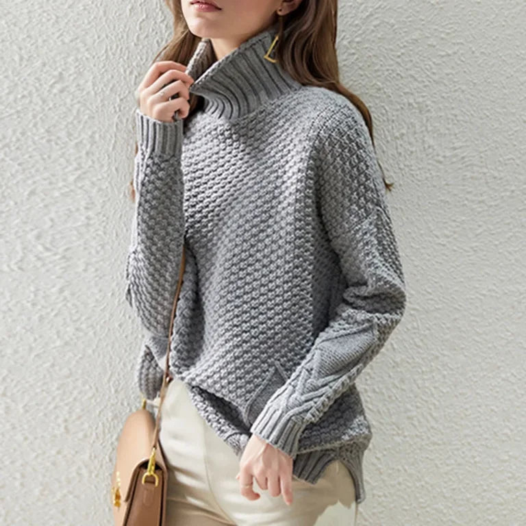 Damen Pullover Grobstrick High Neck Warm