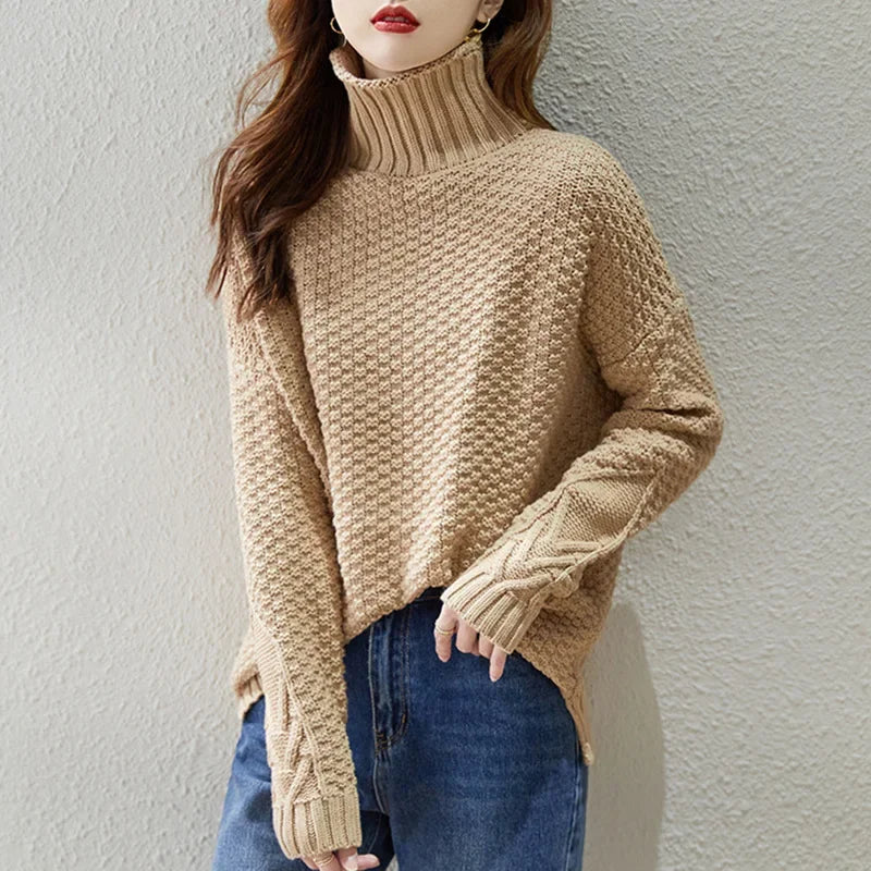 Damen Pullover Grobstrick High Neck Warm