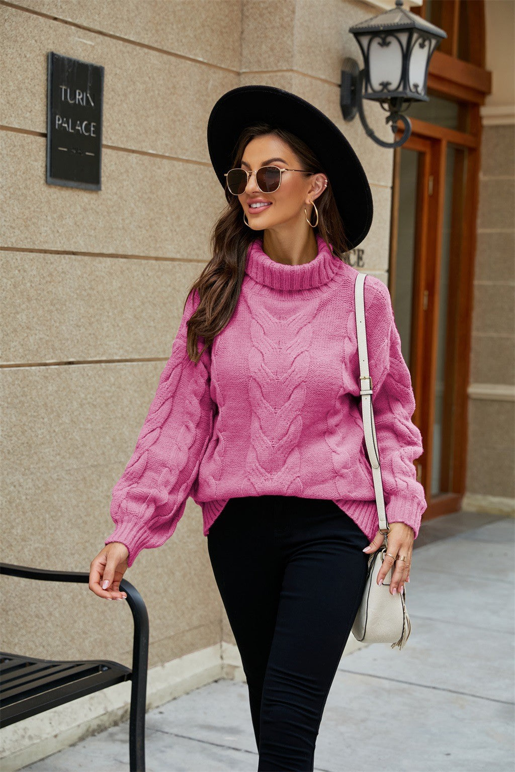 Damen Pullover Rollkragen Frühlingslook Zopfmuster Strick