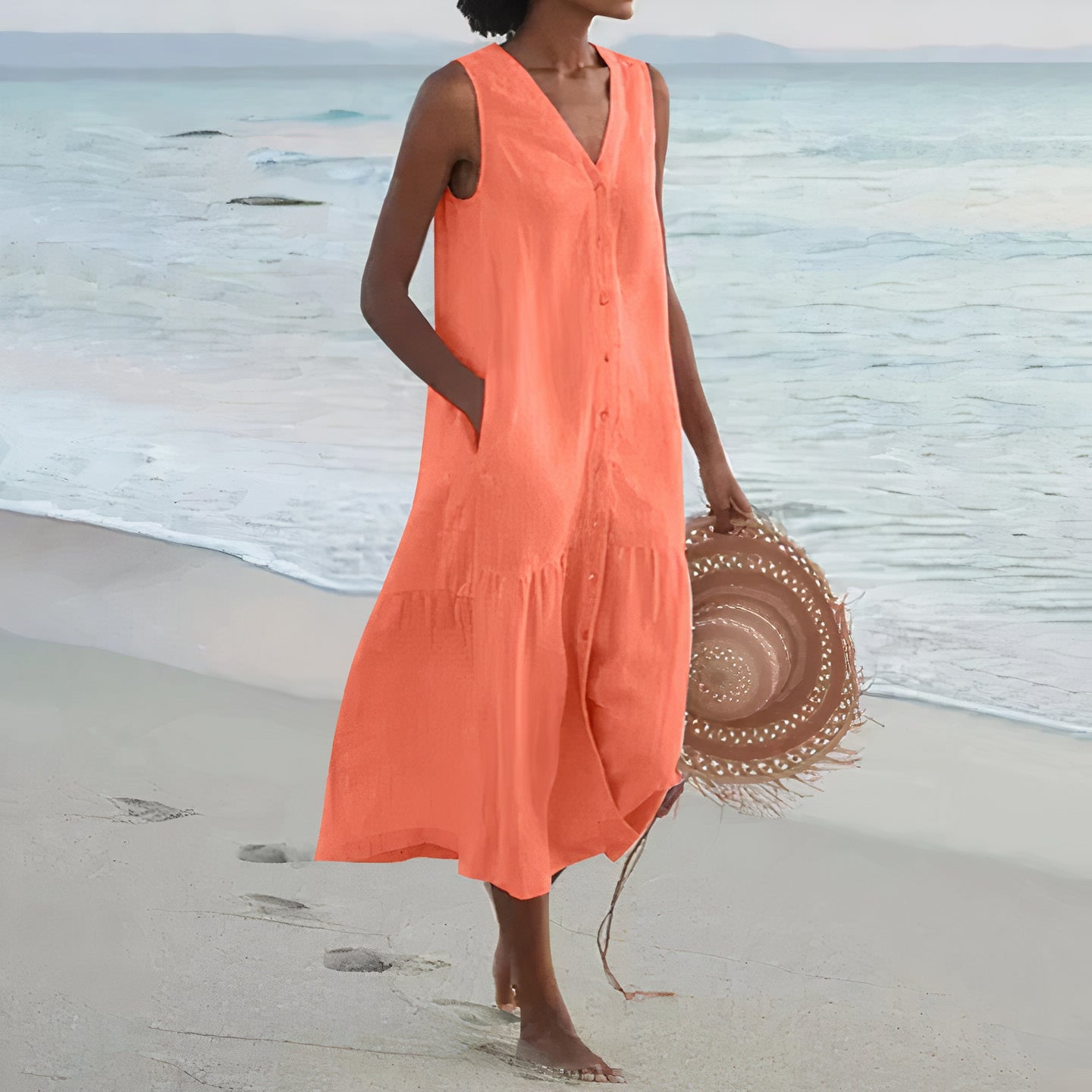 Modernes, ärmelloses Leinen-Midikleid für Damen