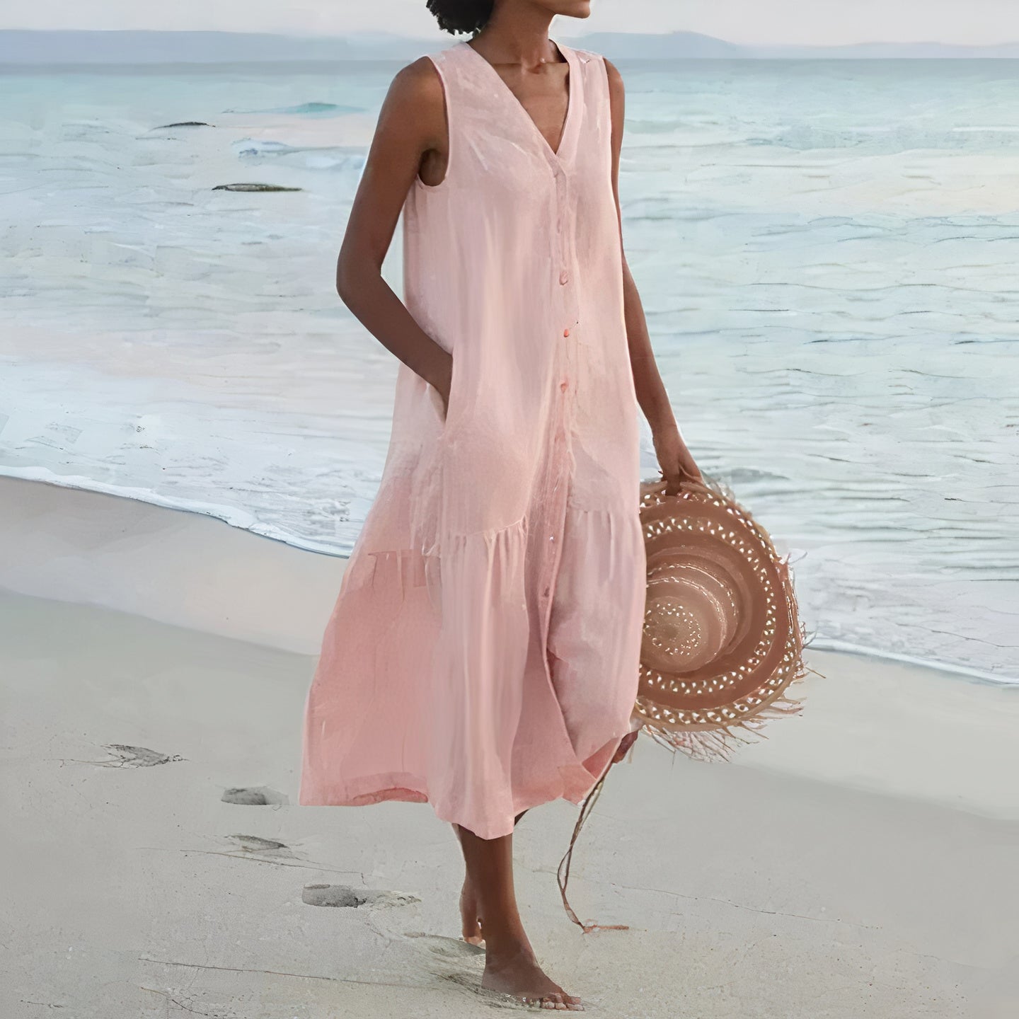 Modernes, ärmelloses Leinen-Midikleid für Damen