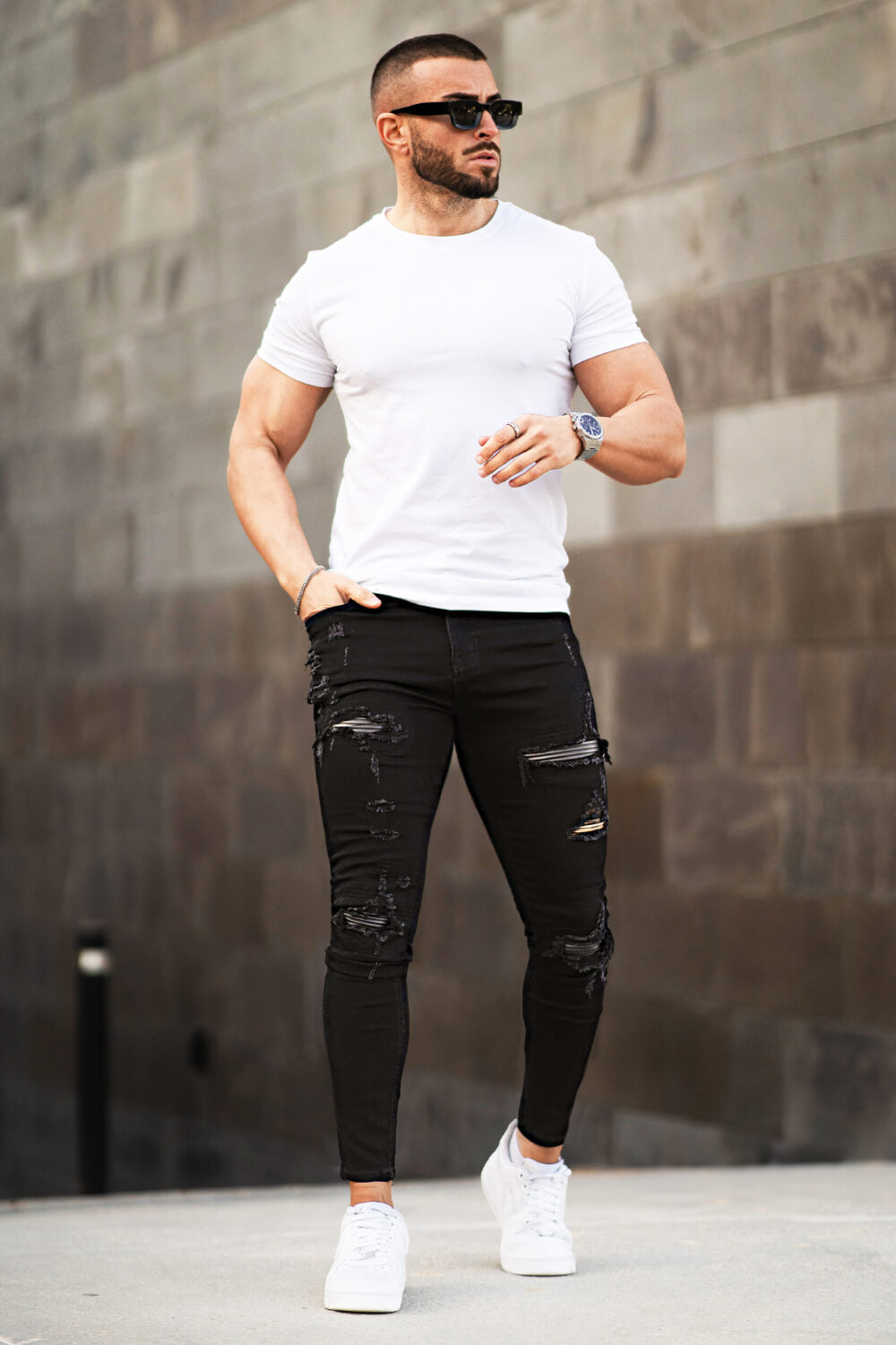 Rippen Jeans Herren Schwarz Skinny Destroyed