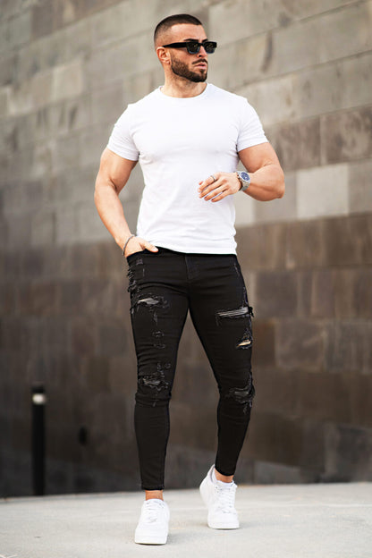 Rippen Jeans Herren Schwarz Skinny Destroyed