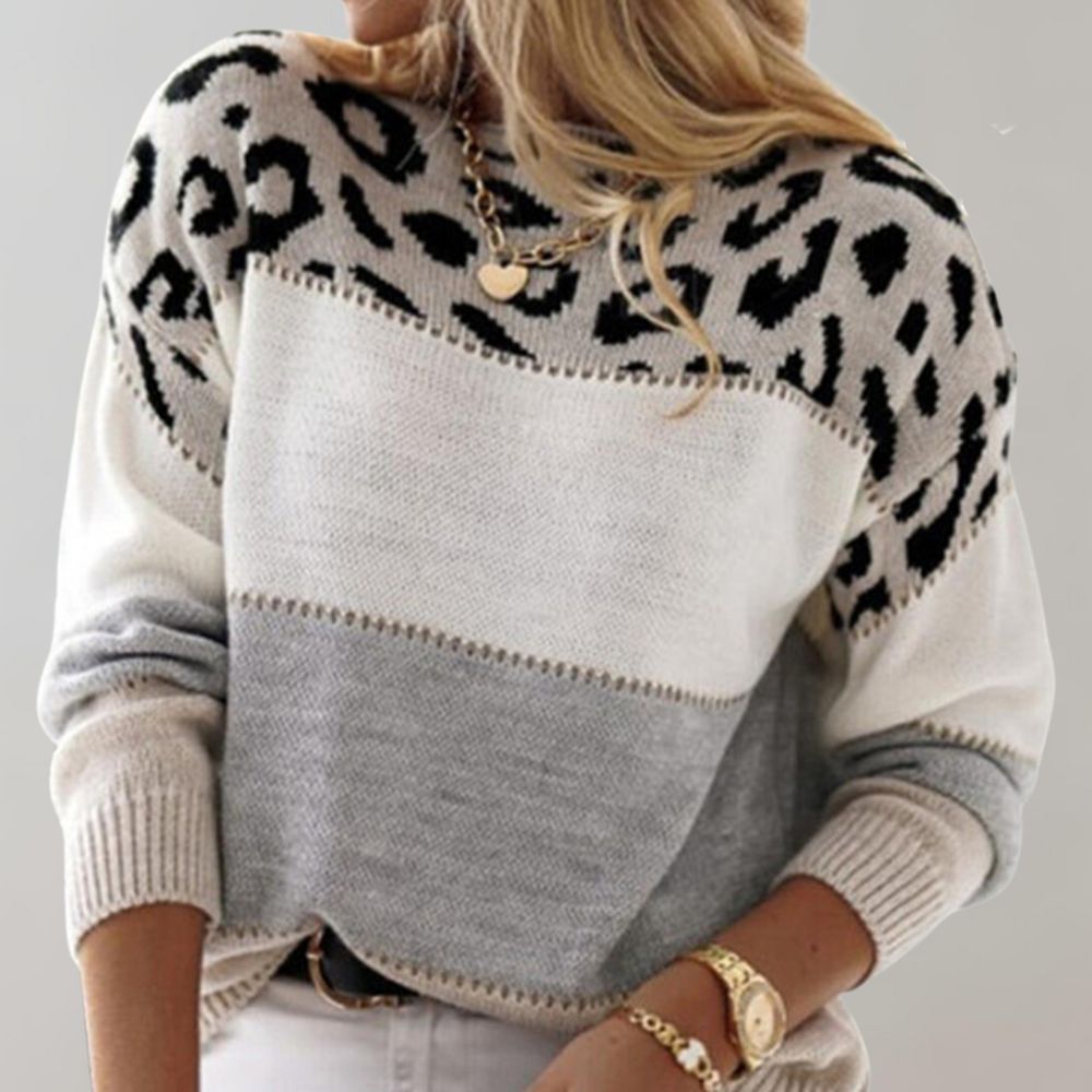 Damen Strickpullover Weich Leopardenmuster Farbblock