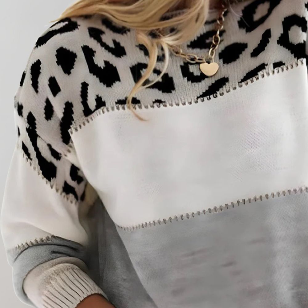 Damen Strickpullover Weich Leopardenmuster Farbblock