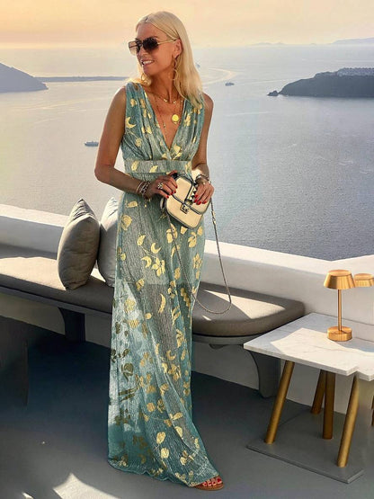 Elegantes Abendkleid Lang Damen Pailletten Glänzend V-Ausschnitt