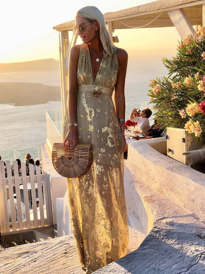 Elegantes Abendkleid Lang Damen Pailletten Glänzend V-Ausschnitt - BerlinGlamour