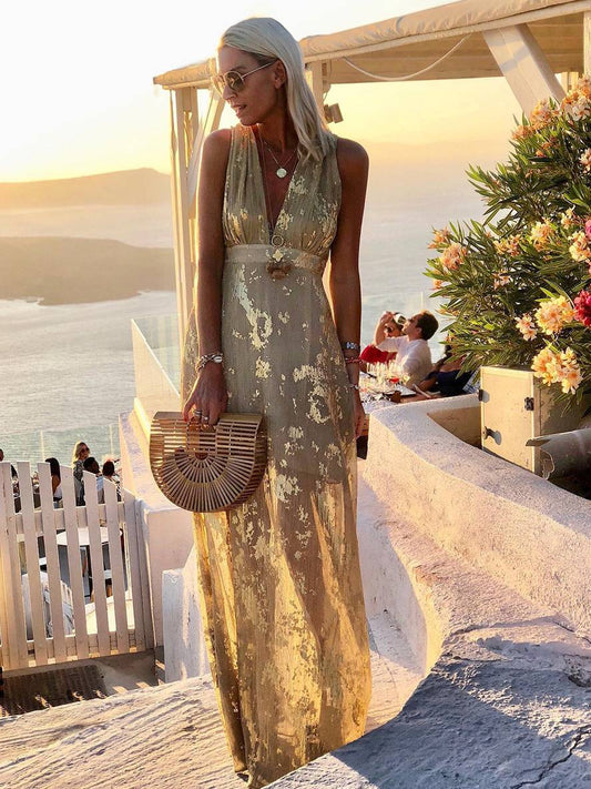 Elegantes Abendkleid Lang Damen Pailletten Glänzend V-Ausschnitt - BerlinGlamour