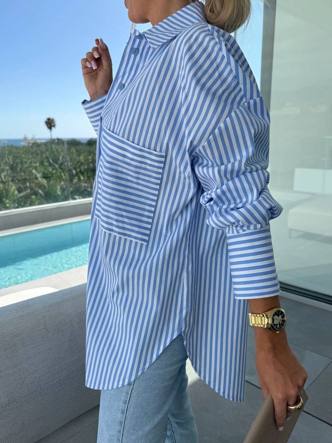 Elegante Damenbluse Gestreift Langärmlig Button Down Kragen