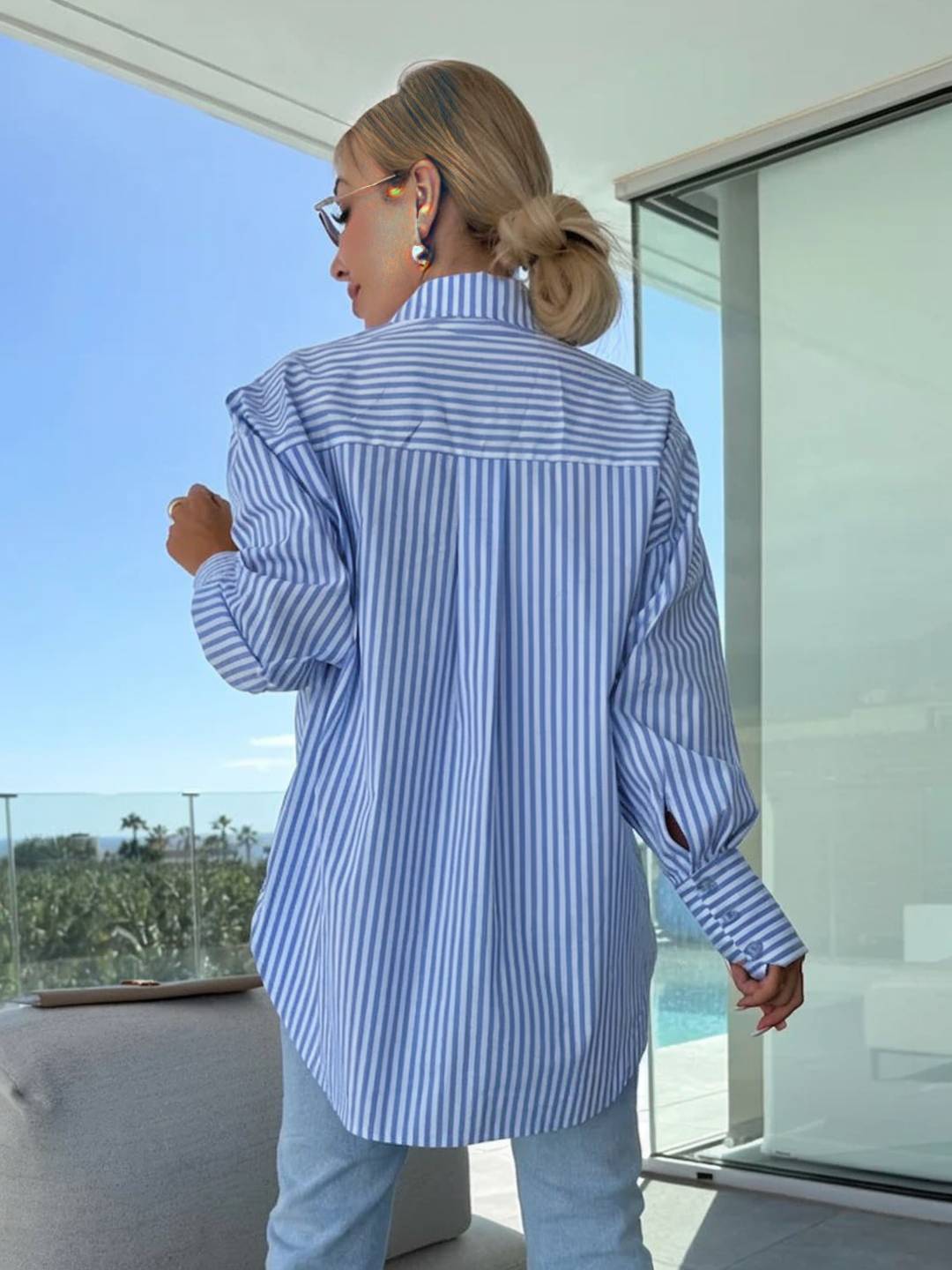 Elegante Damenbluse Gestreift Langärmlig Button Down Kragen