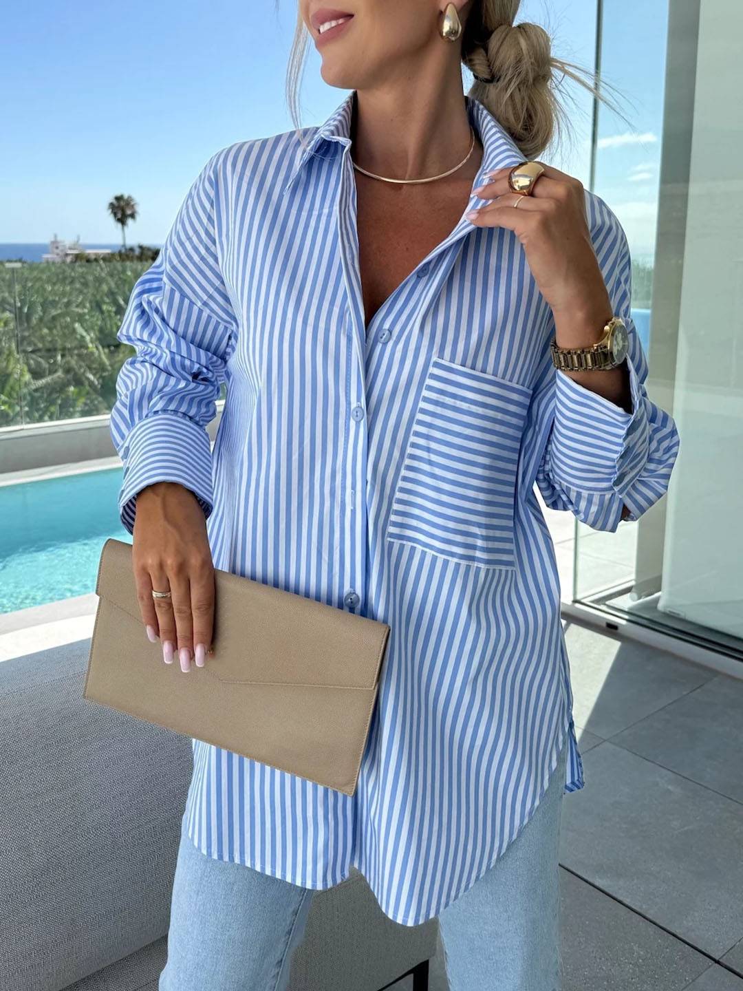 Elegante Damenbluse Gestreift Langärmlig Button Down Kragen - BerlinGlamour
