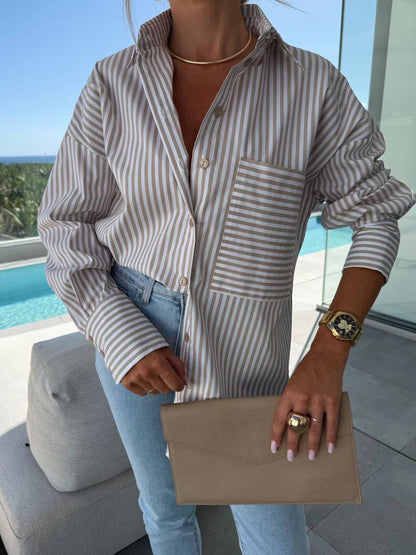 Elegante Damenbluse Gestreift Langärmlig Button Down Kragen