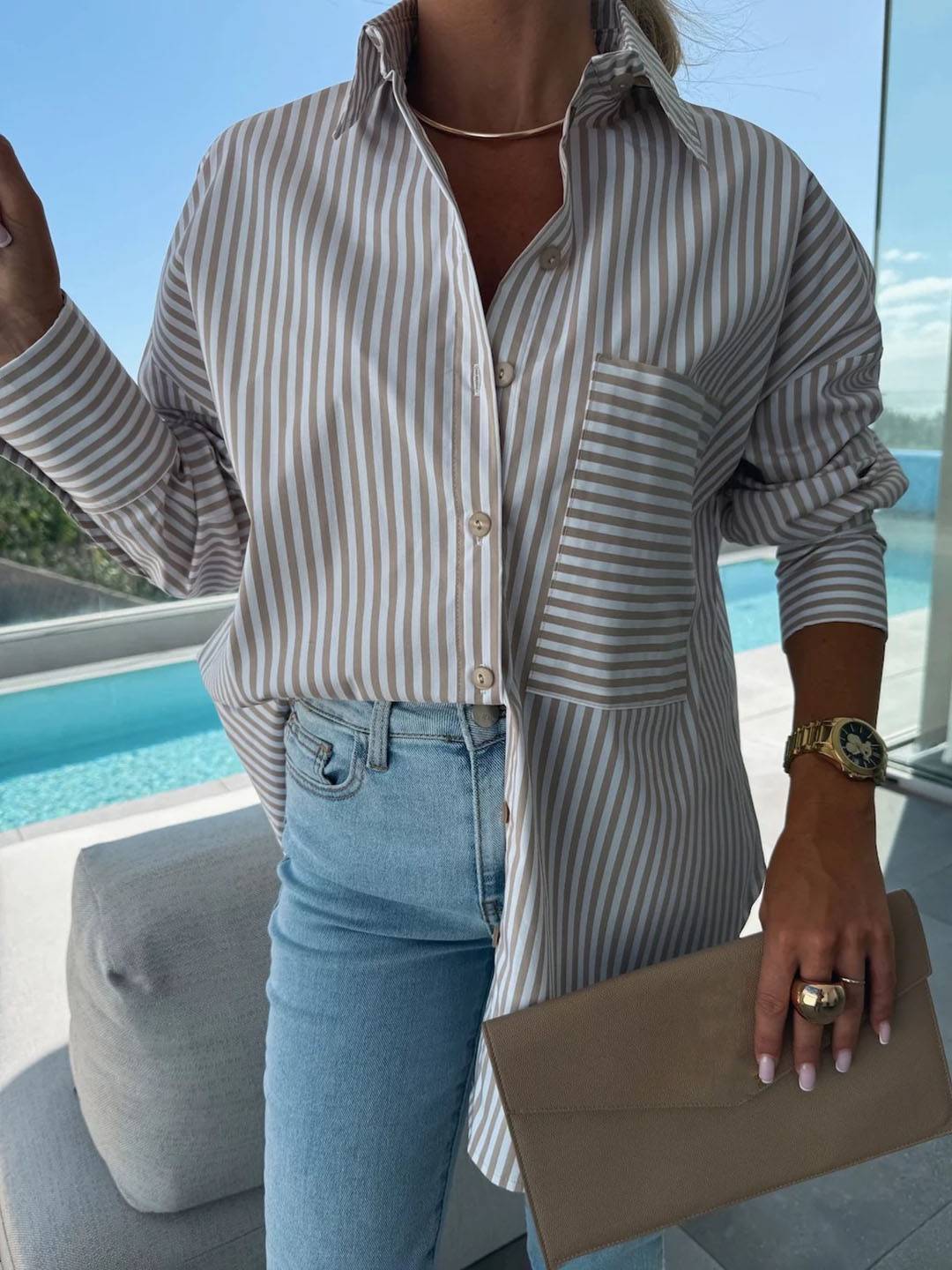 Elegante Damenbluse Gestreift Langärmlig Button Down Kragen
