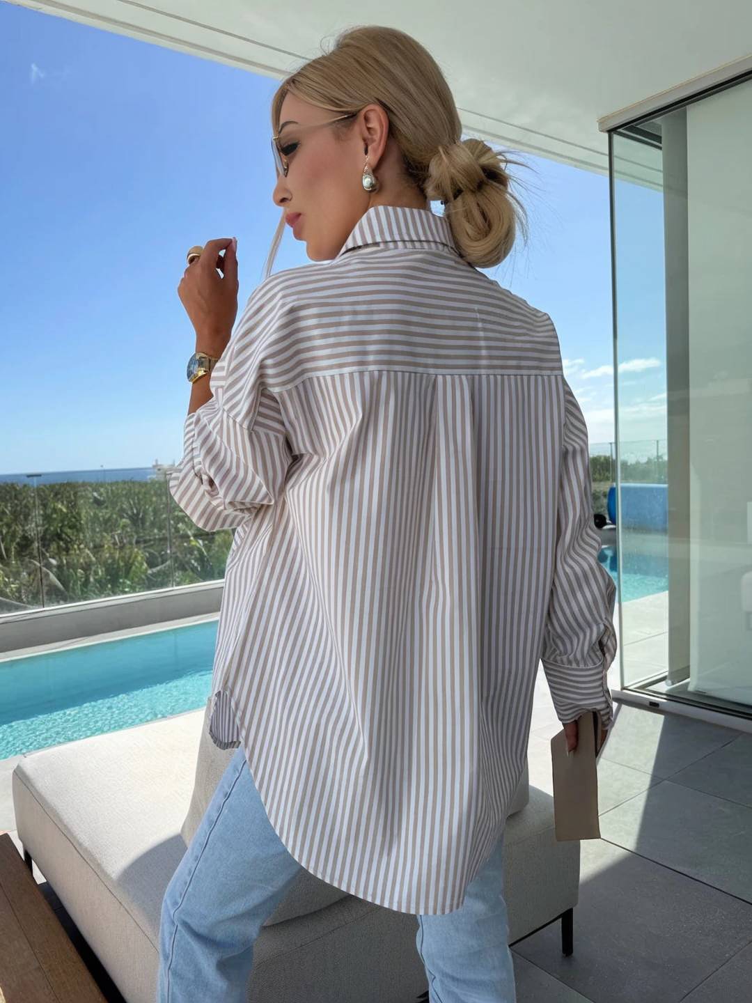 Elegante Damenbluse Gestreift Langärmlig Button Down Kragen