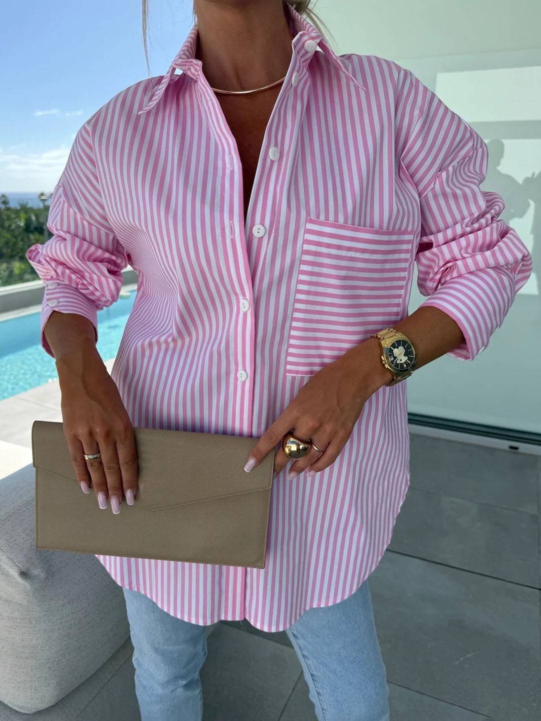 Elegante Damenbluse Gestreift Langärmlig Button Down Kragen