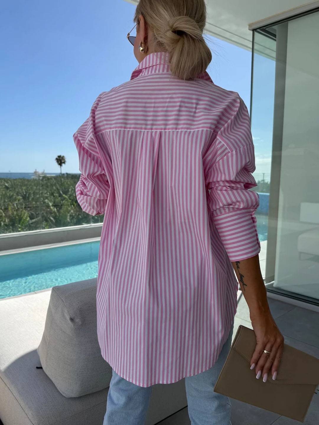 Elegante Damenbluse Gestreift Langärmlig Button Down Kragen