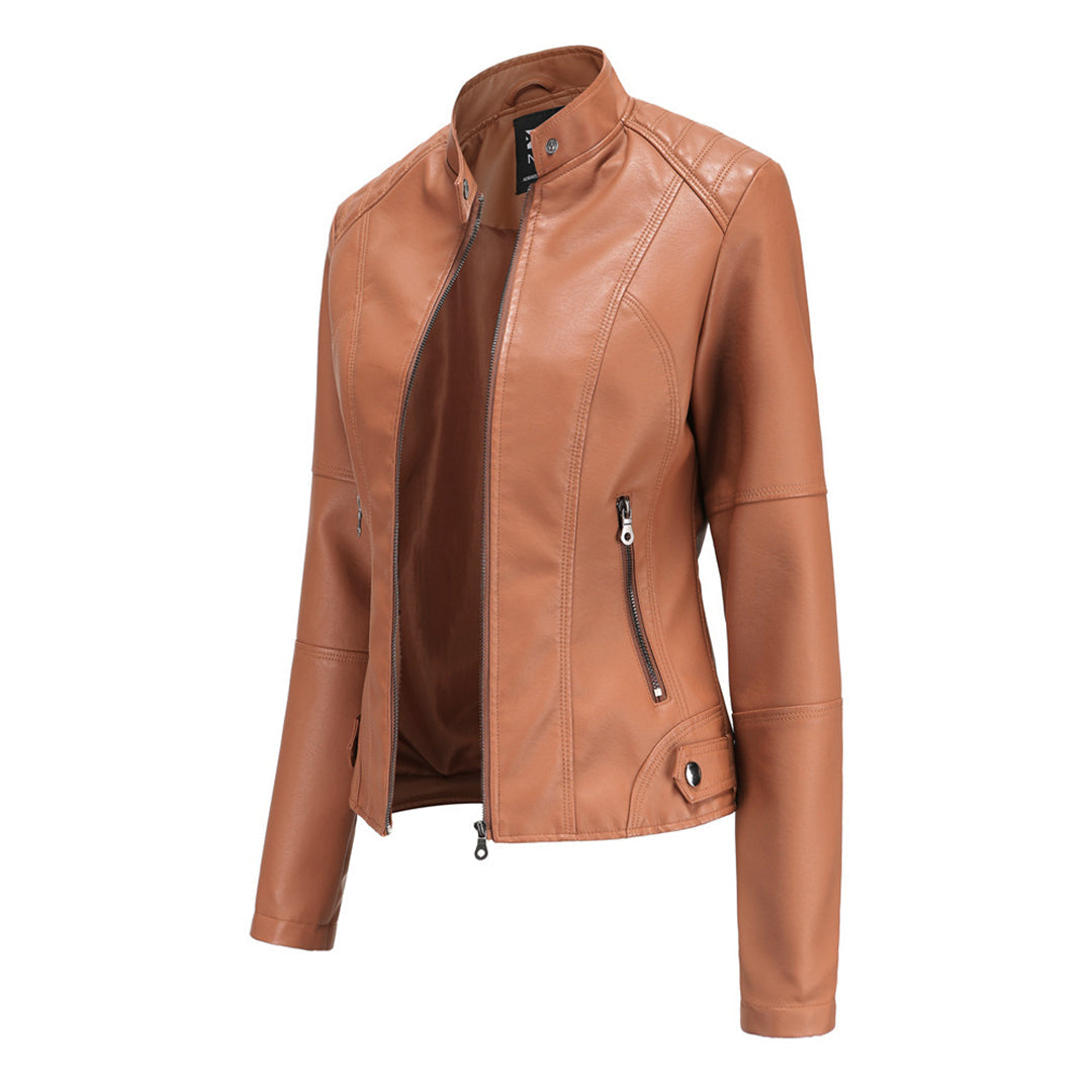 Leder Bikerjacke Damen Reißverschluss Vorne Schwarz