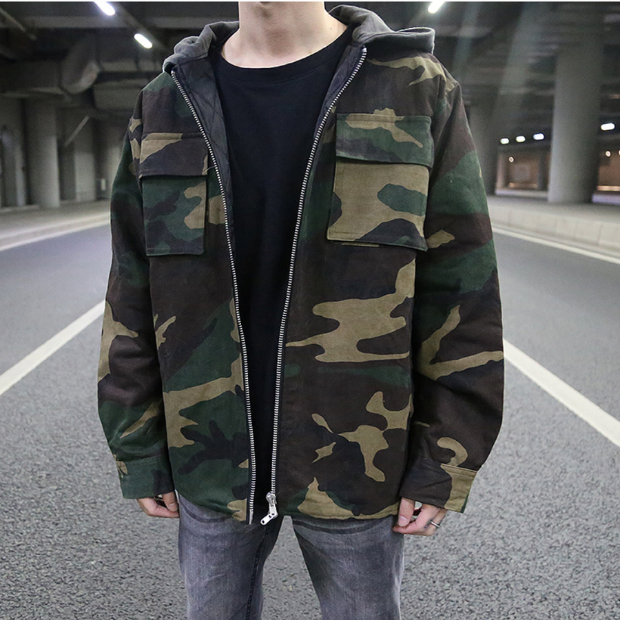 Herren Camouflage Jacke Reißverschluss Cargo Kapuze - BerlinGlamour