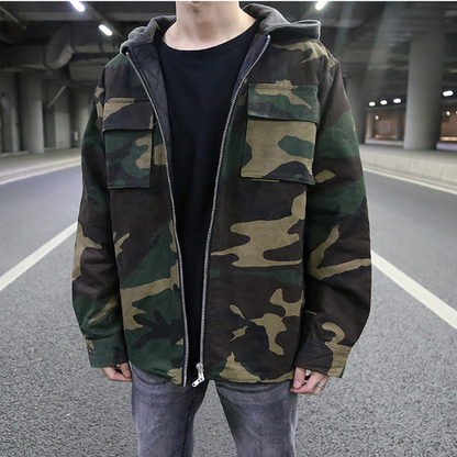 Herren Camouflage Jacke Reißverschluss Cargo Kapuze - BerlinGlamour