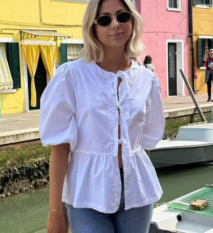Elegante Damenbluse Puffärmel Schleife Modern