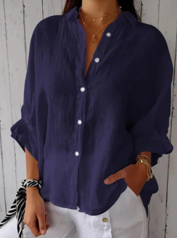 Damen Bluse Baumwoll Leinen Bluse mit Knöpfen Elegant