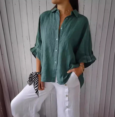 Damen Bluse Baumwoll Leinen Bluse mit Knöpfen Elegant