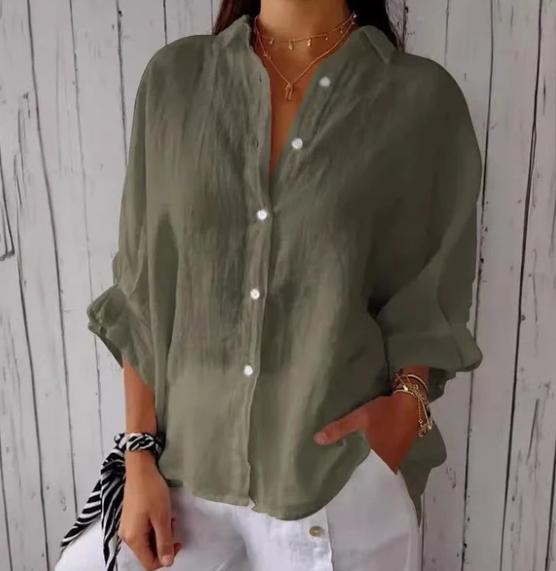 Damen Bluse Baumwoll Leinen Bluse mit Knöpfen Elegant