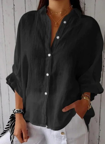 Damen Bluse Baumwoll Leinen Bluse mit Knöpfen Elegant