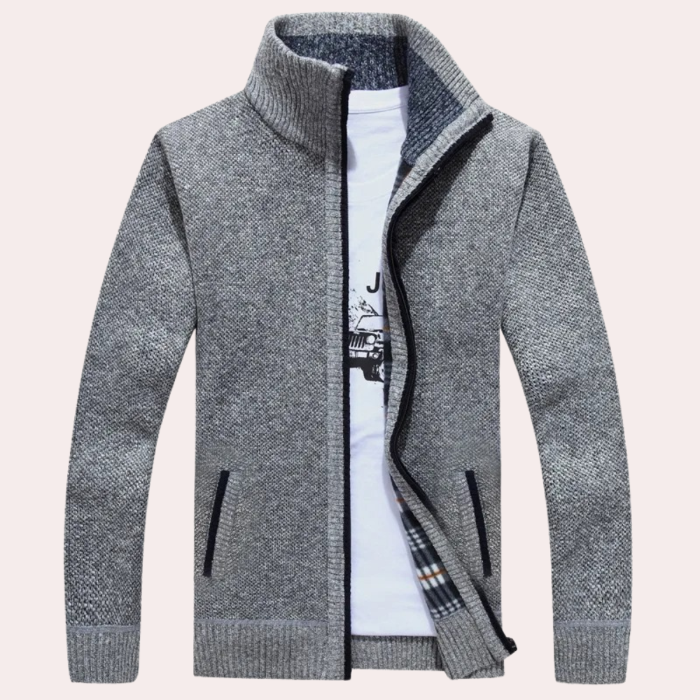 Cardigan mit Reißverschluss – Warm – Kariertes Futter – Gestrickter Cardigan – Cardigan für Herren-Hellgrau-S-Chaps Herrenmode