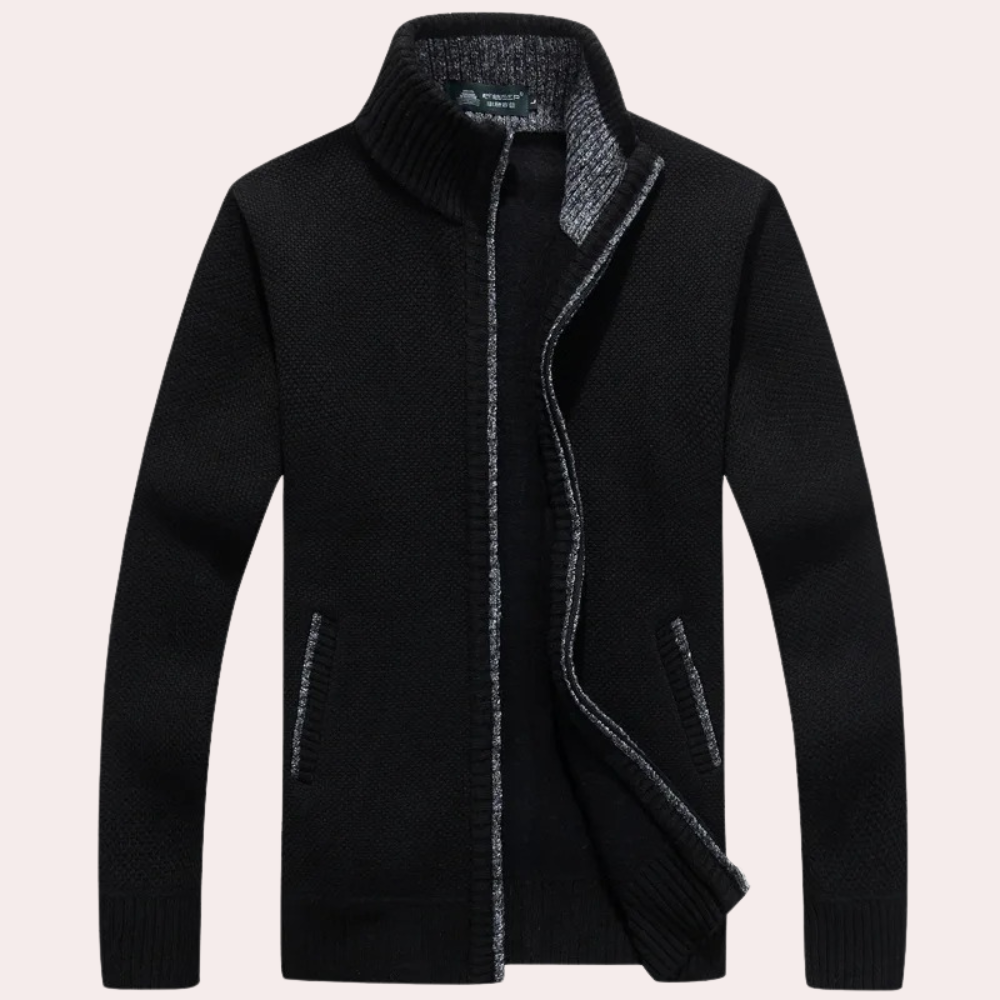 Cardigan mit Reißverschluss – Warm – Kariertes Futter – Gestrickter Cardigan – Cardigan für Herren-Schwarz-S-Chaps Herrenmode
