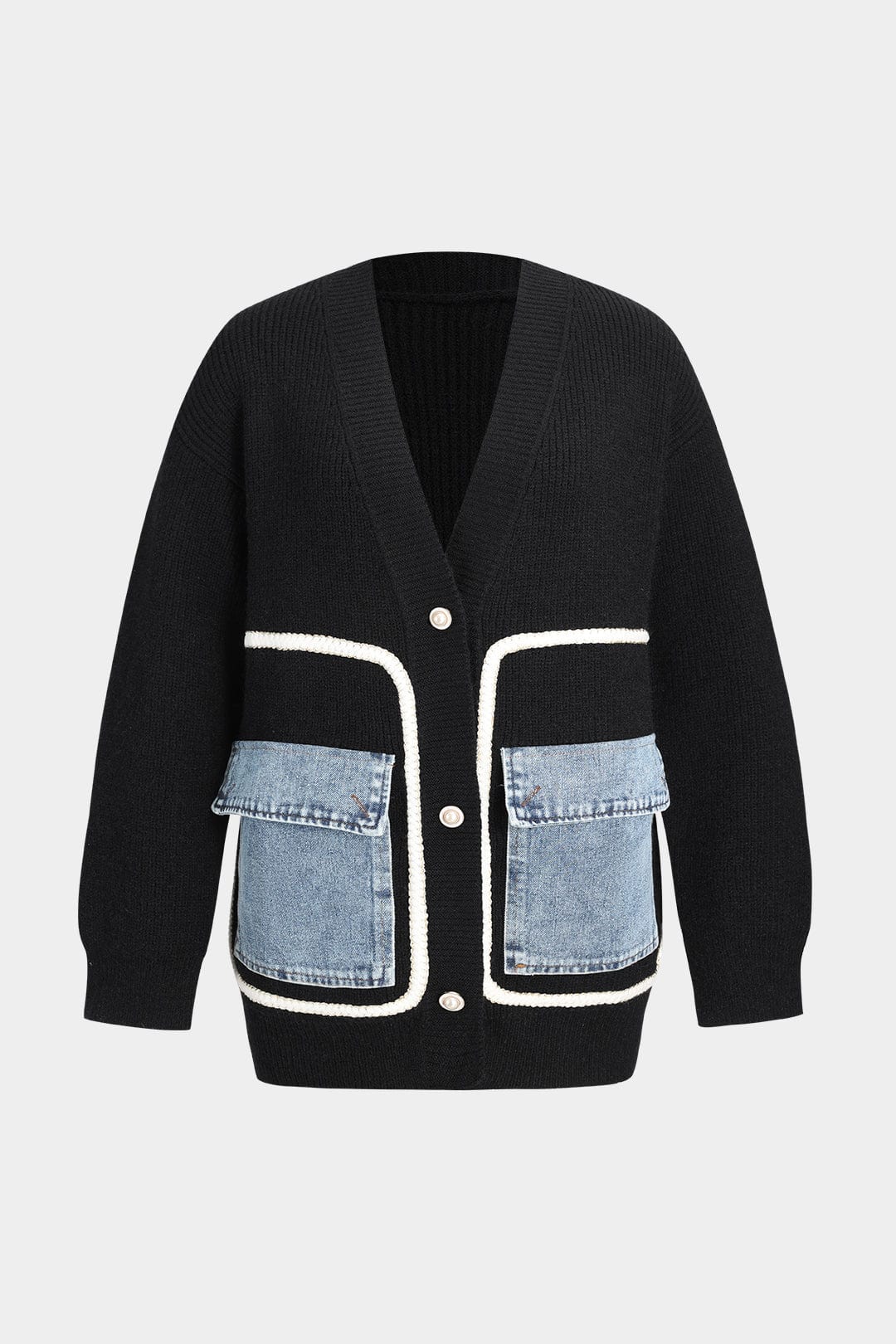Strick-Cardigan Schwarz mit Denim-Patches Frauen - BerlinGlamour