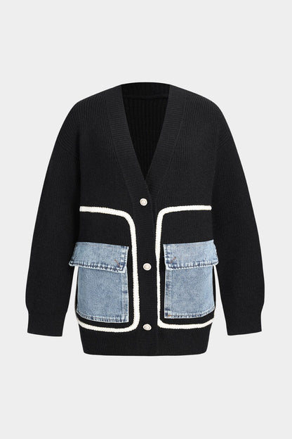 Strick-Cardigan Schwarz mit Denim-Patches Frauen - BerlinGlamour