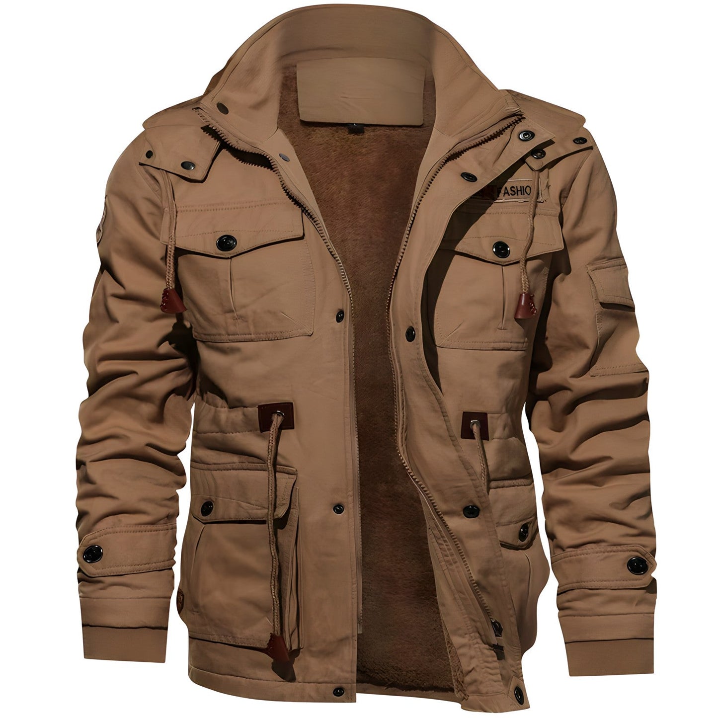 Cargo-Jacke | Mit Kapuze | Taschen | Fleecegefütterte Jacke | Herren-Winterjacke-Khaki-M-Chaps Herrenmode