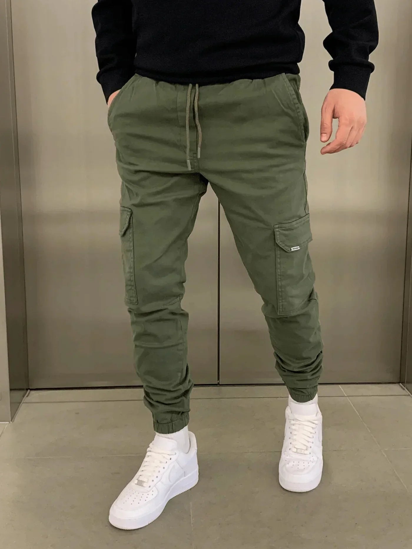 Cargo-Jogginghose – Skinny – Kordelzug – Cargohose – Herrenhose-Grün-S-Chaps Herrenmode