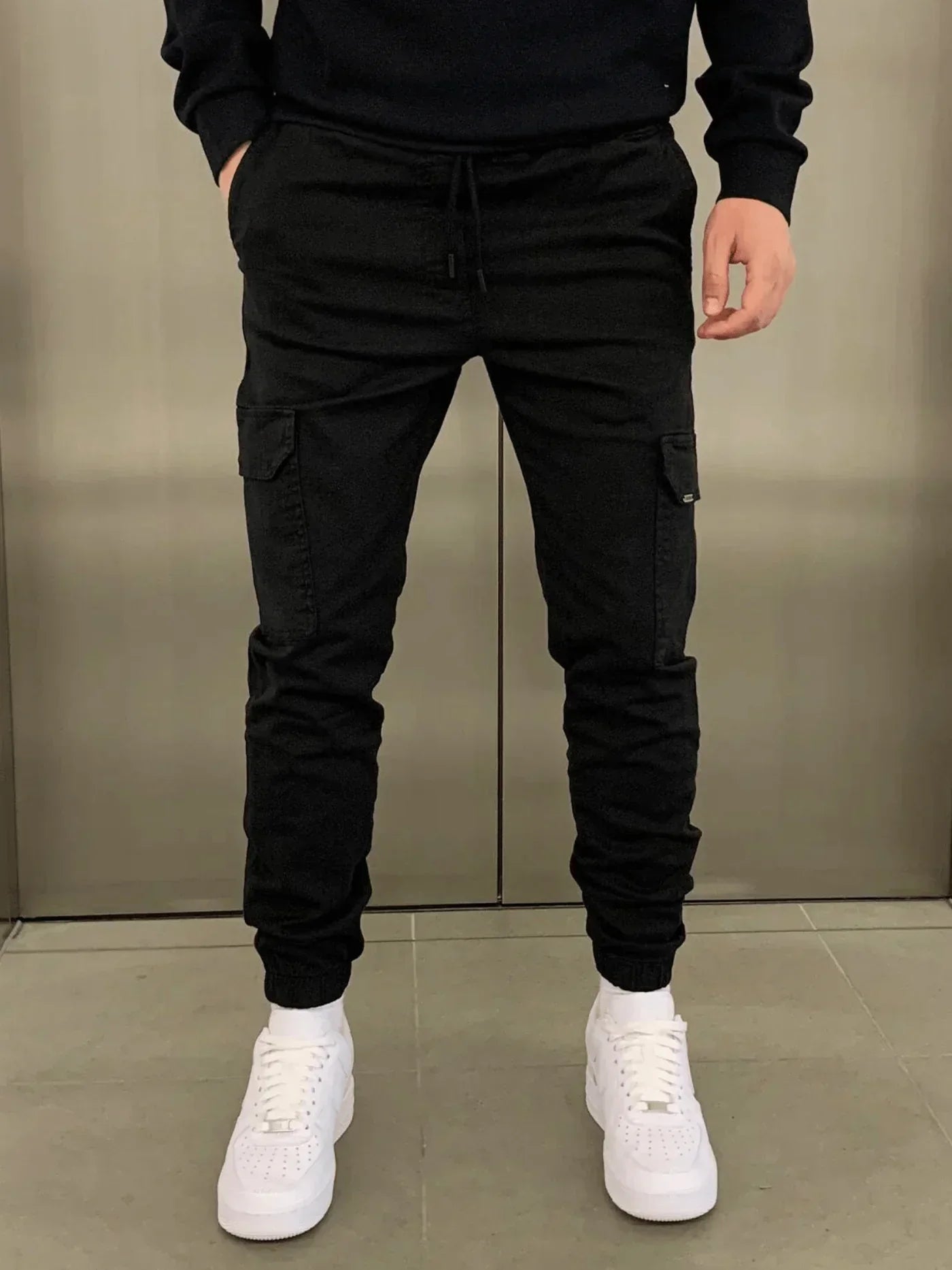 Cargo-Jogginghose – Skinny – Kordelzug – Cargohose – Herrenhose-Schwarz-S-Chaps Herrenmode