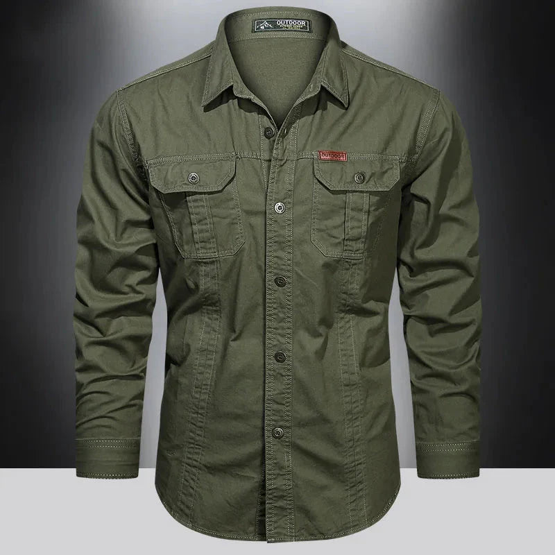 Cargo-Shirt – Langärmliges Herrenhemd mit Knöpfen und Taschen-Grün-M-Chaps Herrenmode