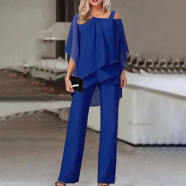 Damen Bluse Chiffon & Weite Hose Geschnitten Elegant