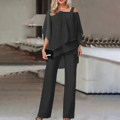 Damen Bluse Chiffon & Weite Hose Geschnitten Elegant