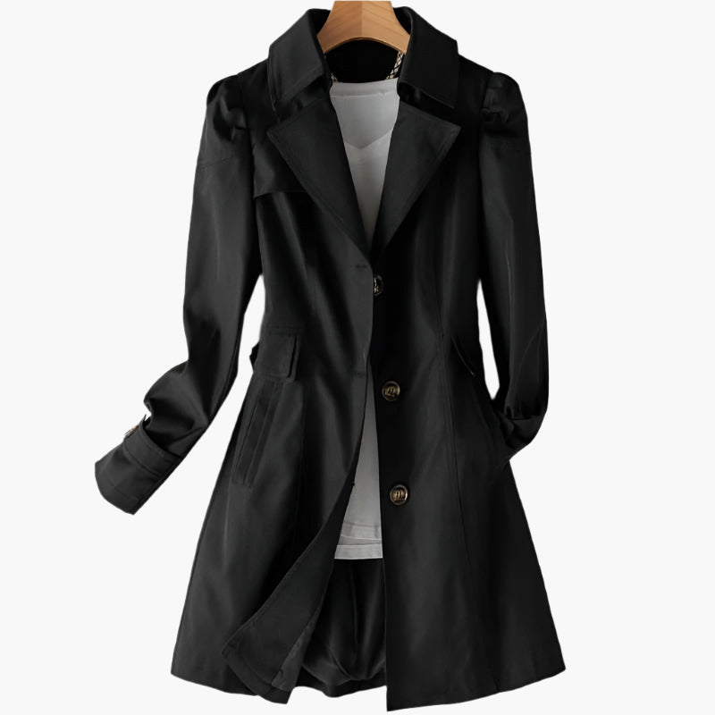 Damen Trenchcoat Klassisch Lang Knöpfe Schwarz